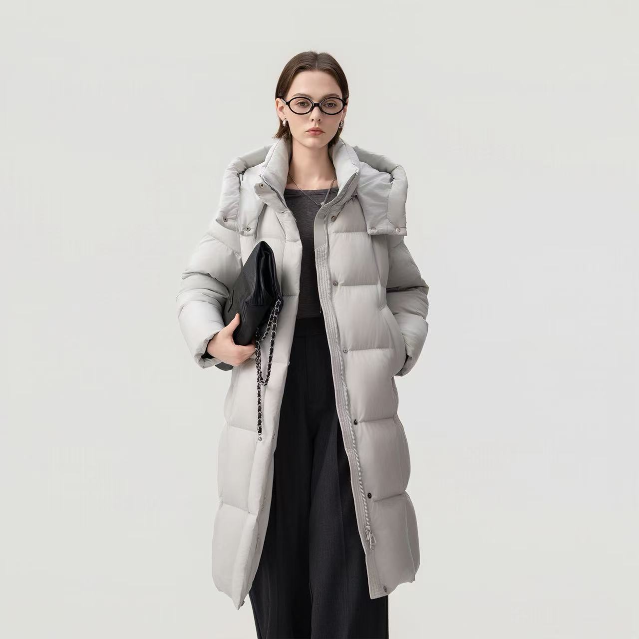 肉肉家-【长款90鸭绒】冬季新款过膝连帽加厚保暖羽绒服