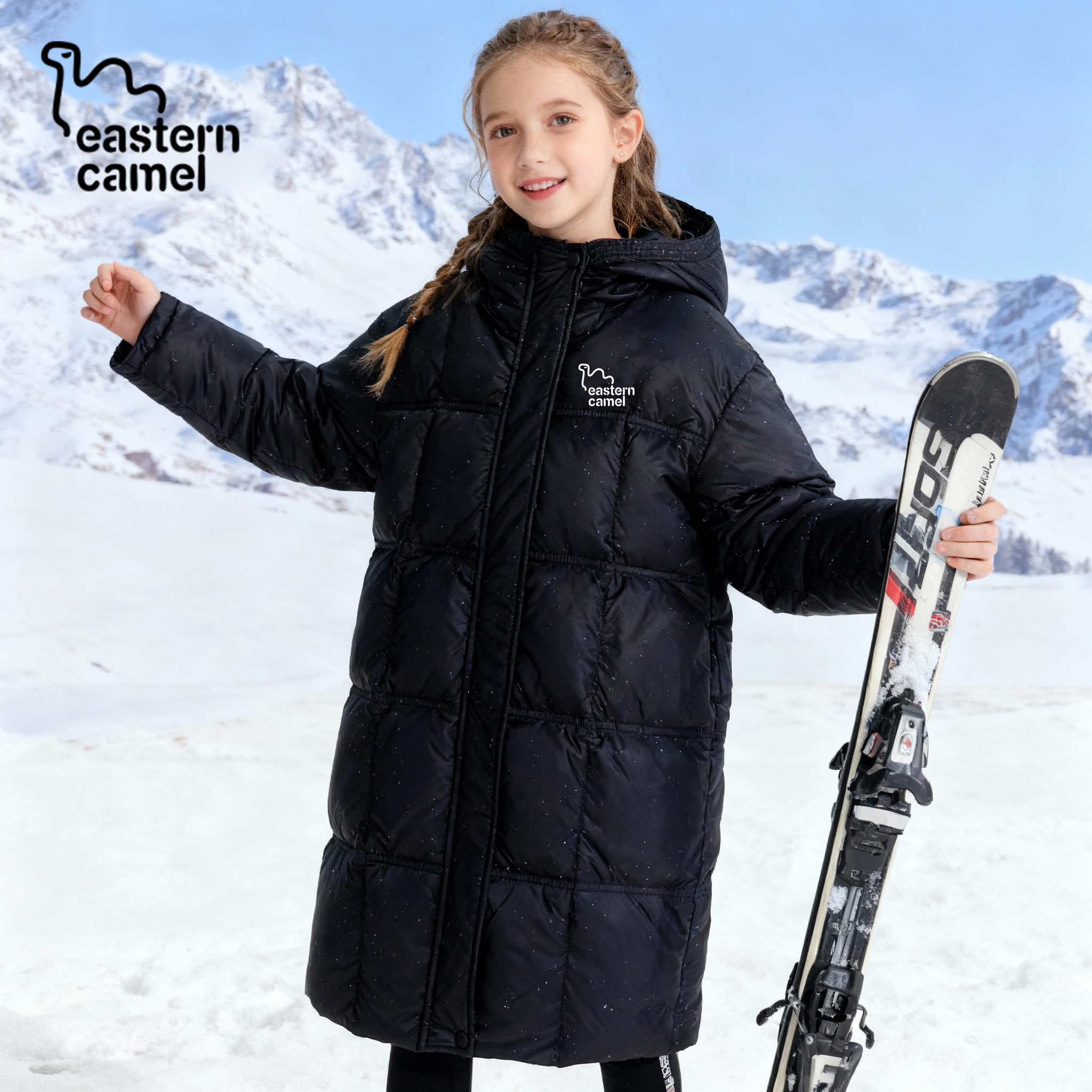 EASTERN CAMEL/东方骆驼儿童长款白鸭绒羽绒服连帽御寒锁温保暖