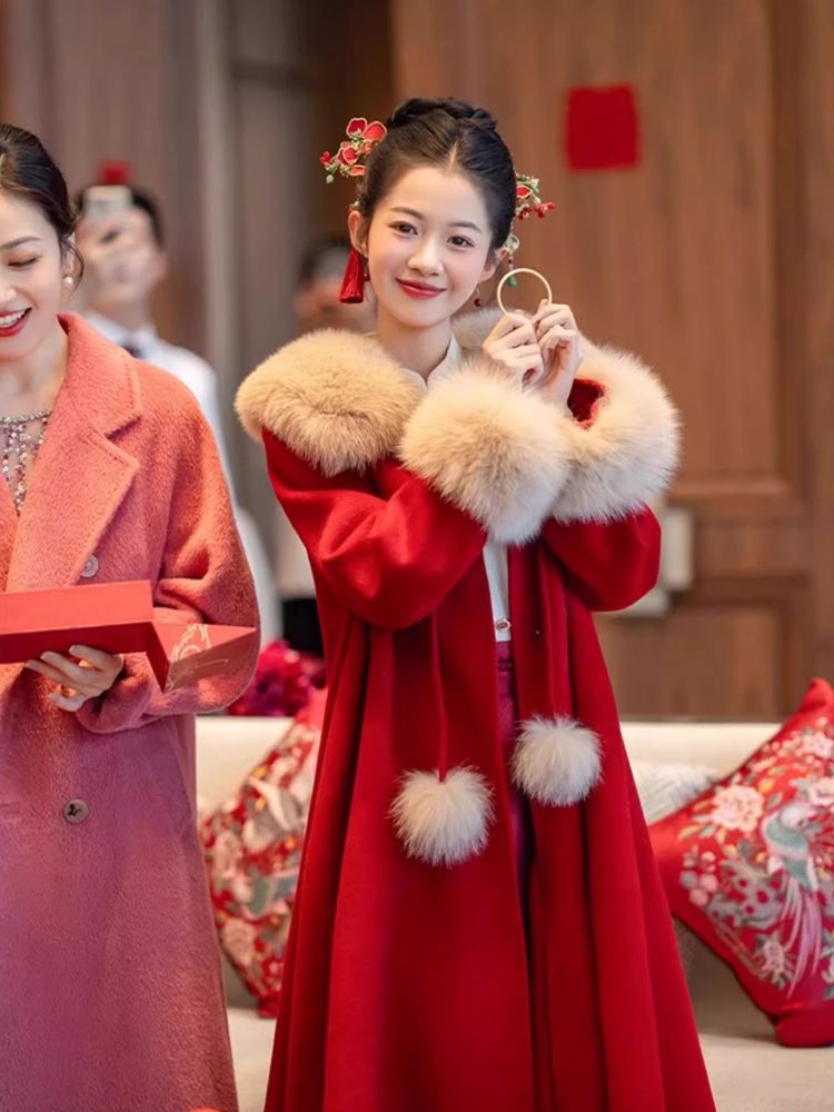 女纯色直下摆厚款中长款气质百搭保暖毛呢外套毛领冬季加厚中国风