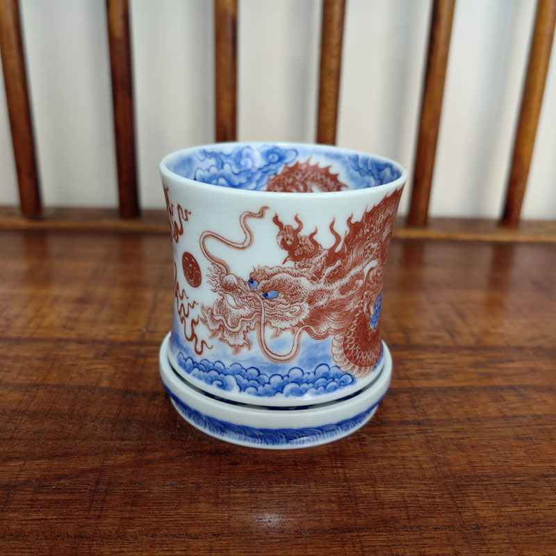 自成堂柴窑青花釉里红龙纹转转杯主人杯品茗杯单杯喝茶杯陶瓷茶具