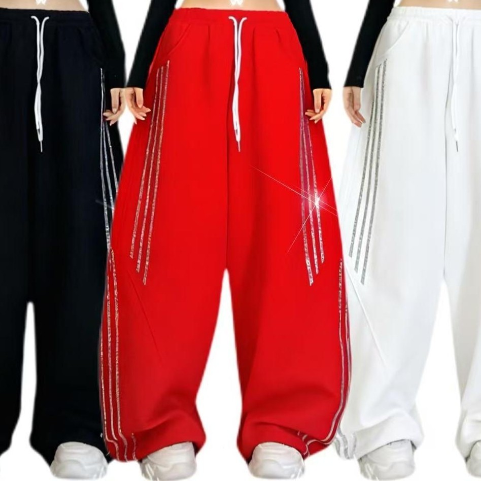 秋冬新款曳舞闪钻休闲裤显瘦微弹阔腿长裤时尚百搭跳舞裤子高腰