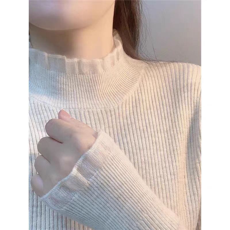 【婷姐家】欧货半高领钩织花边韩系修身显瘦百搭洋气长袖针织上衣