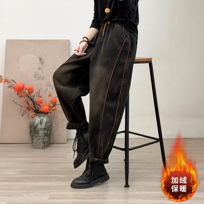 801加绒新款大码显瘦休闲宽松哈伦裤休闲百搭水洗女士萝卜小个子