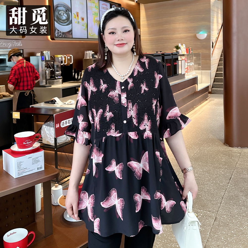 甜觅特大码女装2026夏装胖mm300斤高档钉珠蝴蝶印花中长款雪纺衫