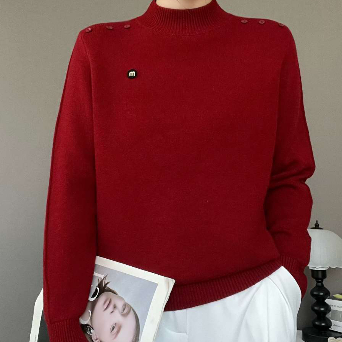 毛针织衫厚款冬季常规款宽松型加厚红色高领毛半高领