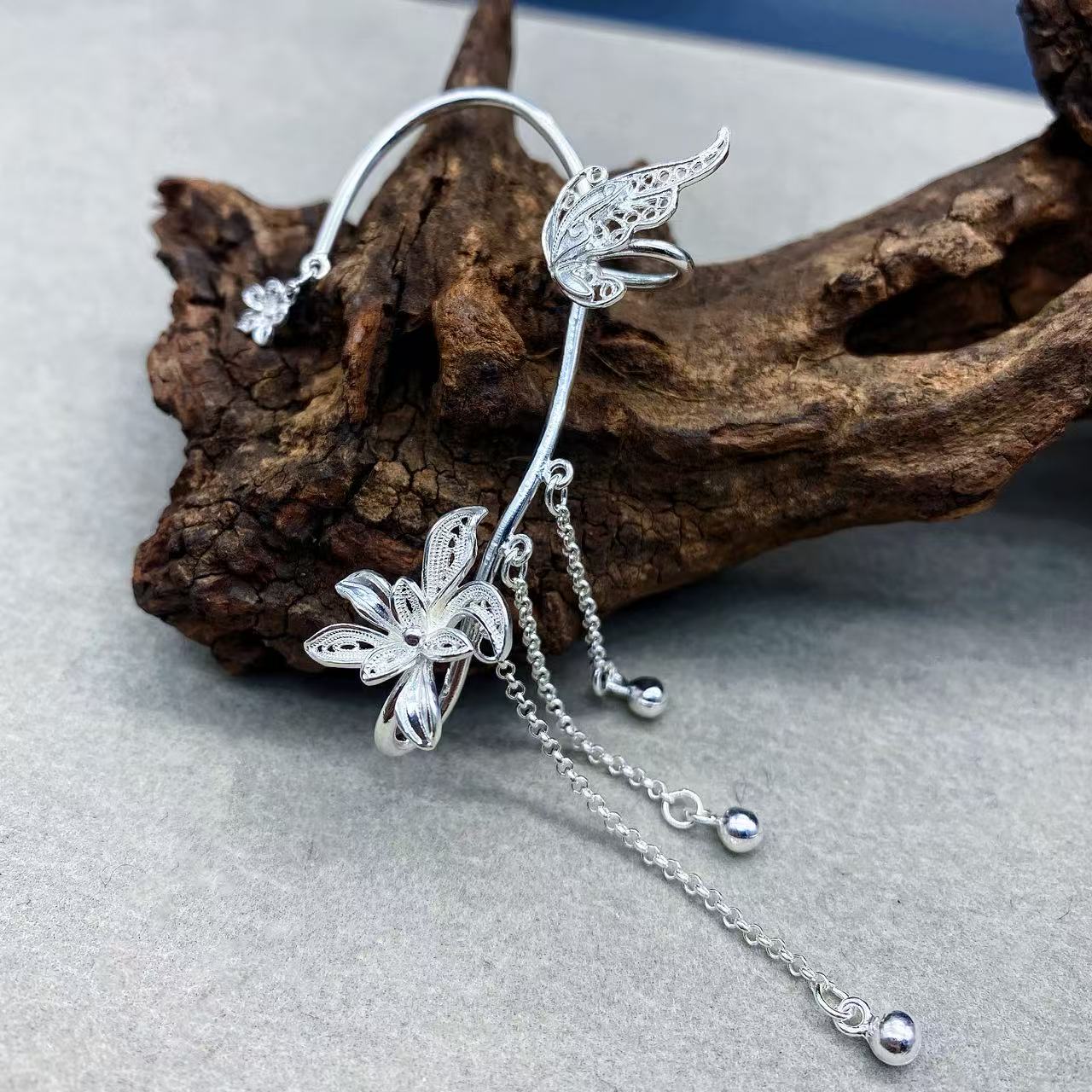 足银耳饰 足银幽兰耳挂-无耳洞一体式耳夹