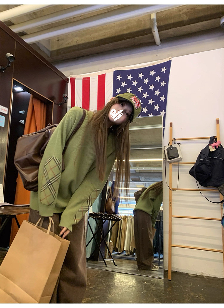 英区留学生 慵懒风宽松格纹拼接毛衣女宽松针织上衣冬季#8996