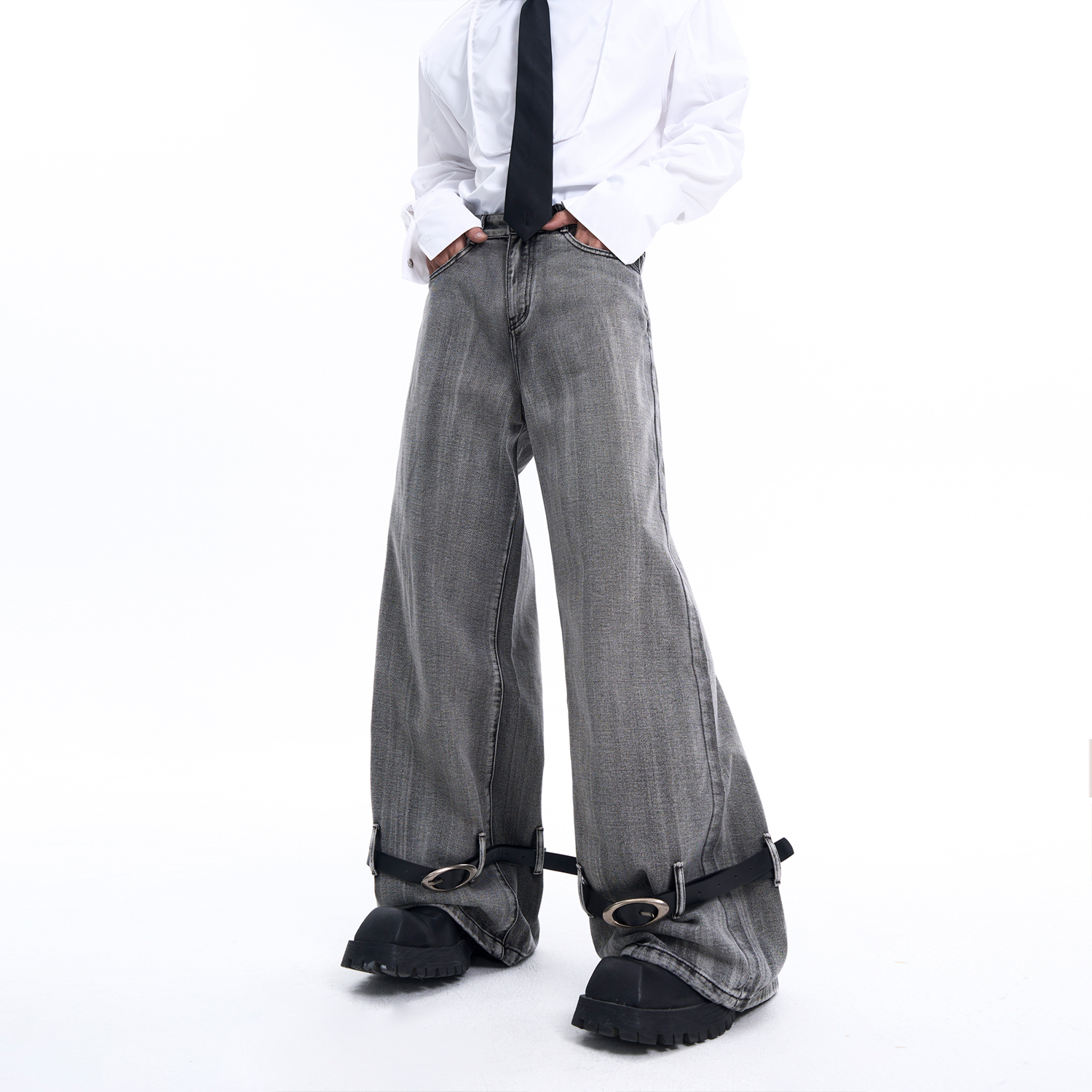 小瘦子男装 小众拼接皮带设计感牛仔裤美式复古做旧宽松直简裤