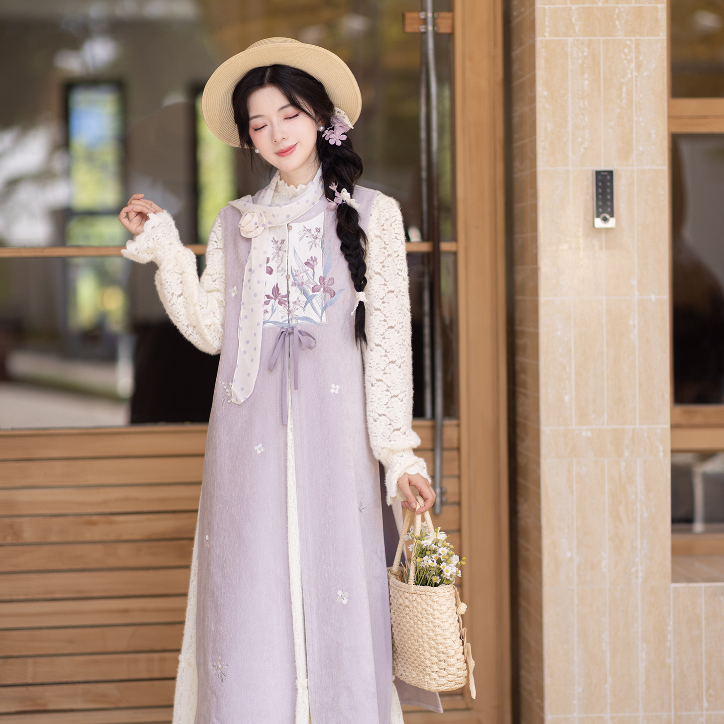 池夏【白露:紫鸢尾】明制长比甲针织衫蕾丝半裙原创改良汉服女 秋