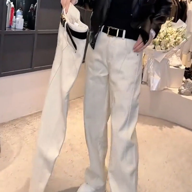 设计感高腰直筒阔腿裤2025春季水洗弯刀牛仔裤显瘦百搭新款直筒裤