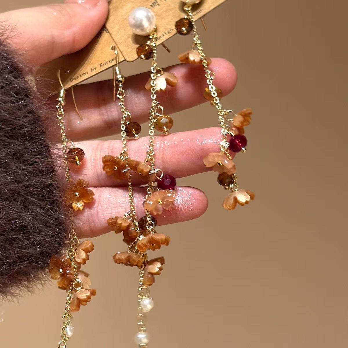 赏花游秋 美拉德气质花朵流苏耳环女2026新款高级感桂花耳钉耳饰