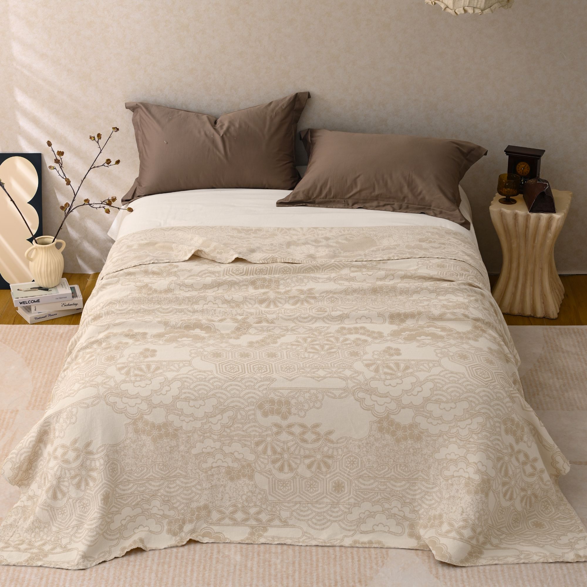 200*230日系素雅风汉麻床盖多功能盖巾沙发巾 祥云