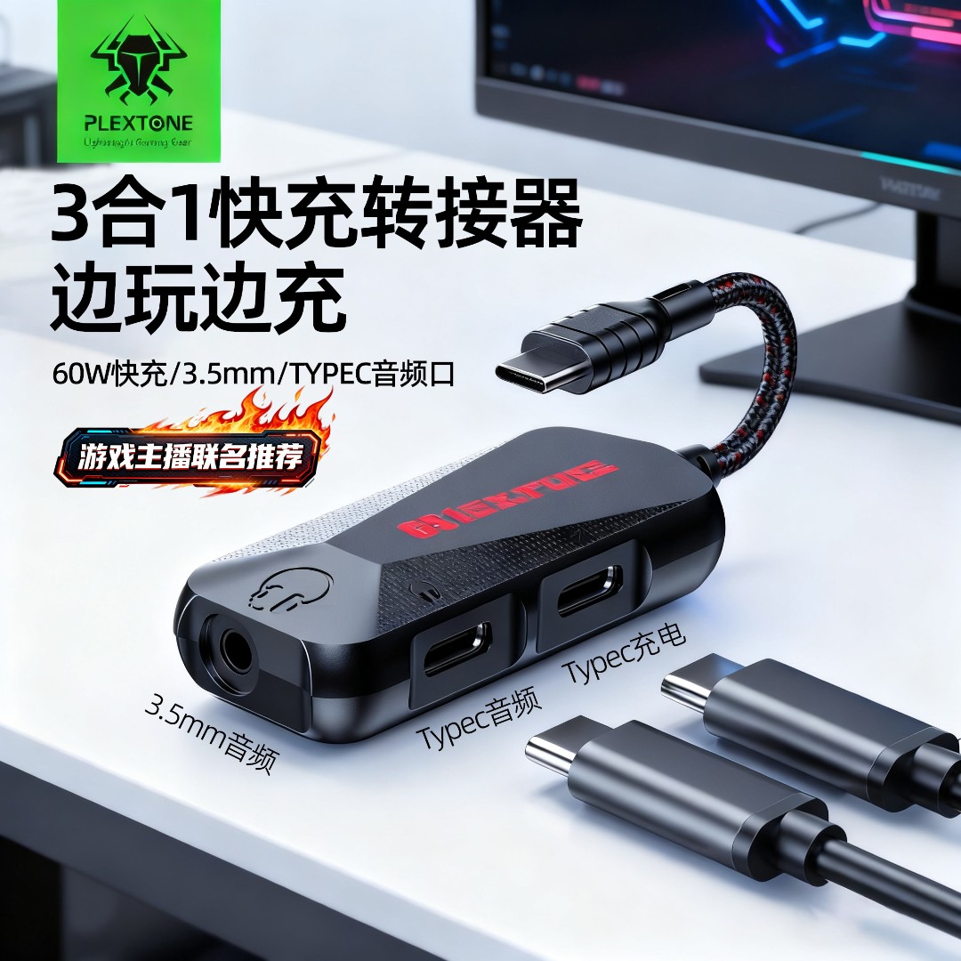 浦记GS1快充Typec耳机转接器iPadPro适用苹果平板三合一吃鸡专用