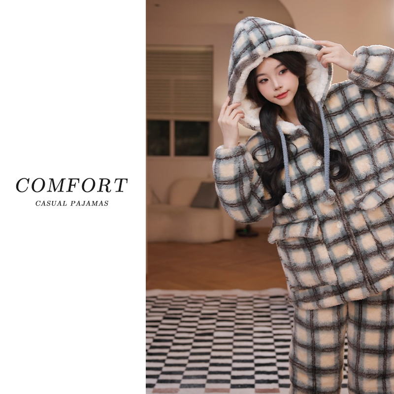 【加加加厚-更保暖】2025冬季三层夹棉珊瑚绒睡衣女保暖家居服套装