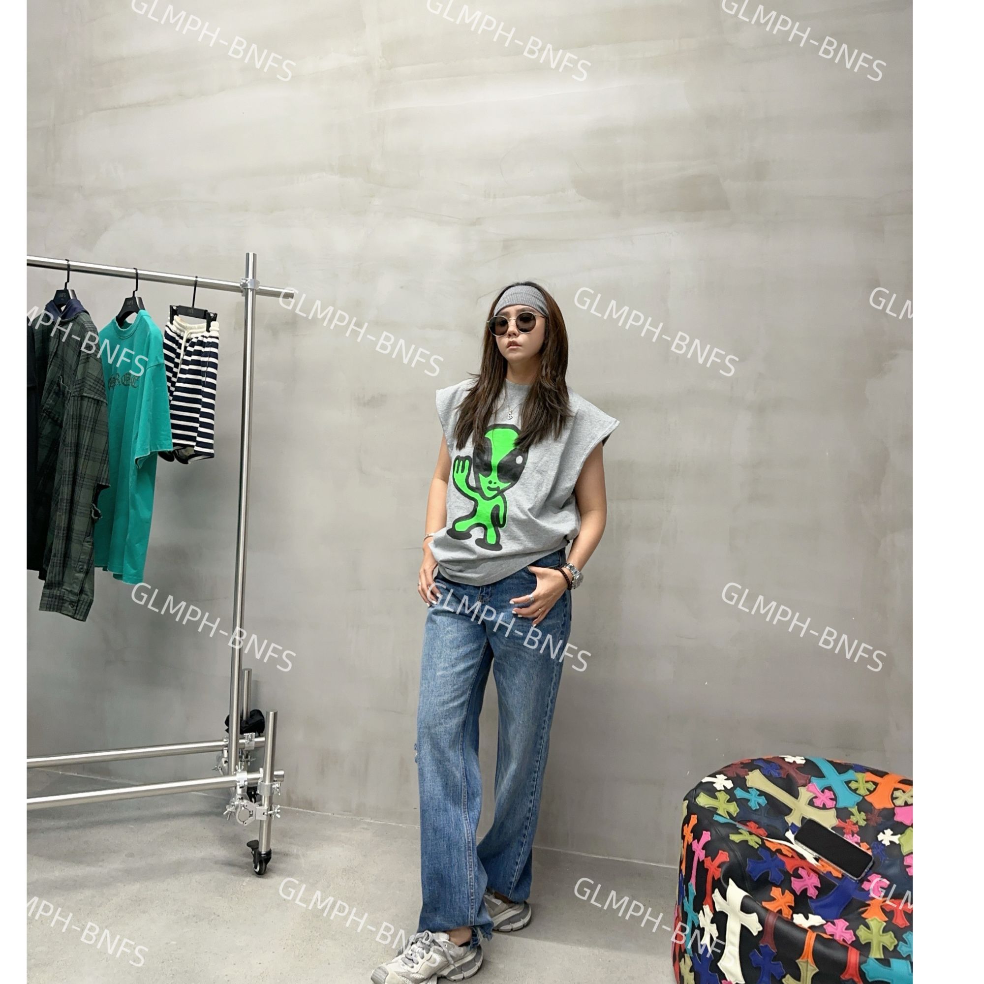 GLMPH-BNFS【巴黎小怪兽】卡通笑脸小众印花宽松圆领无袖T恤-840