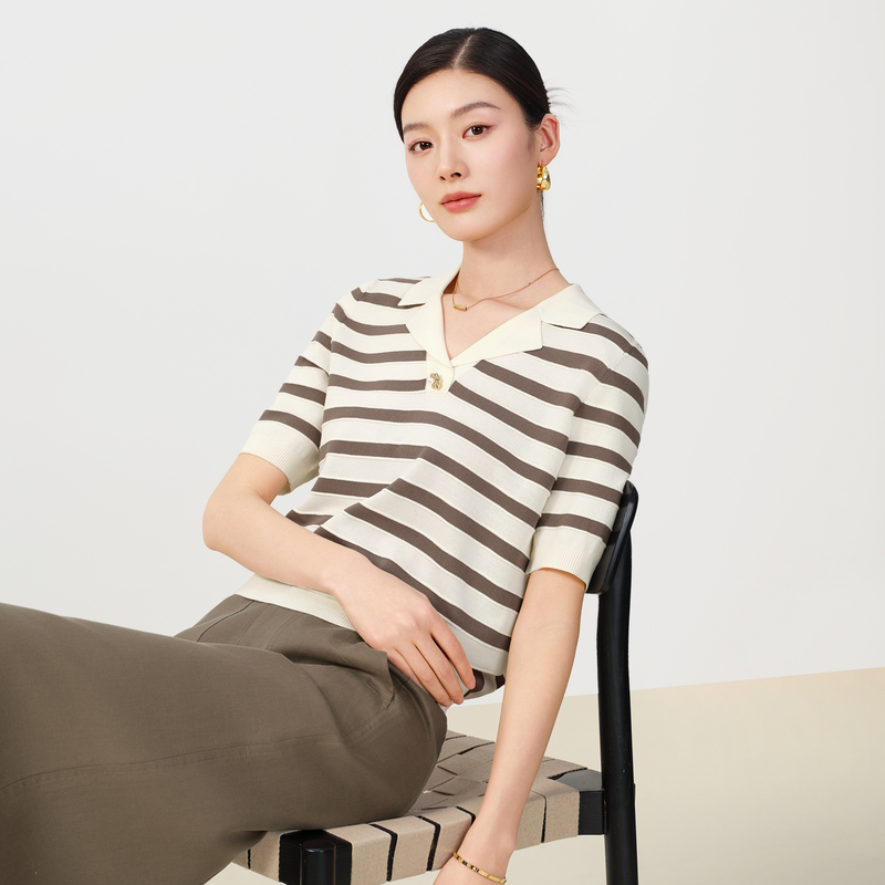 DUNNU/敦奴dunnu夏季时尚百搭经典显瘦条纹针织翻领上衣FU270927