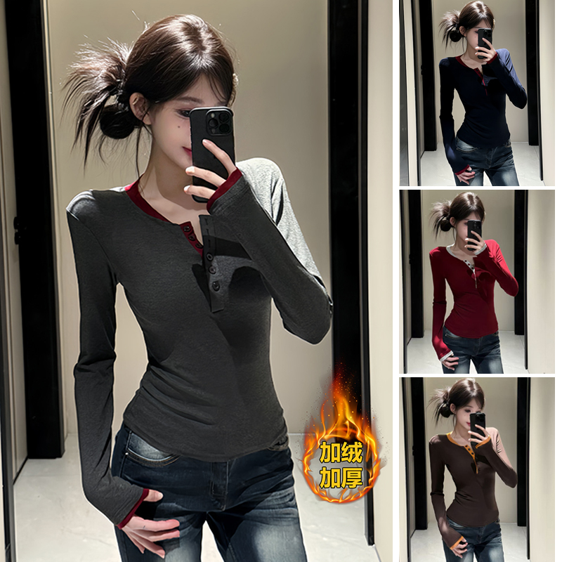 圆领撞色排扣显瘦长袖打底衫2025秋冬新款上衣女气质百搭T恤7131