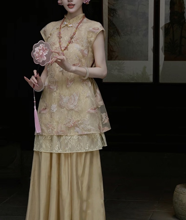 【蝴蝶诗人】静奢国风重工绣花蕾丝上衣+阔腿裤套装