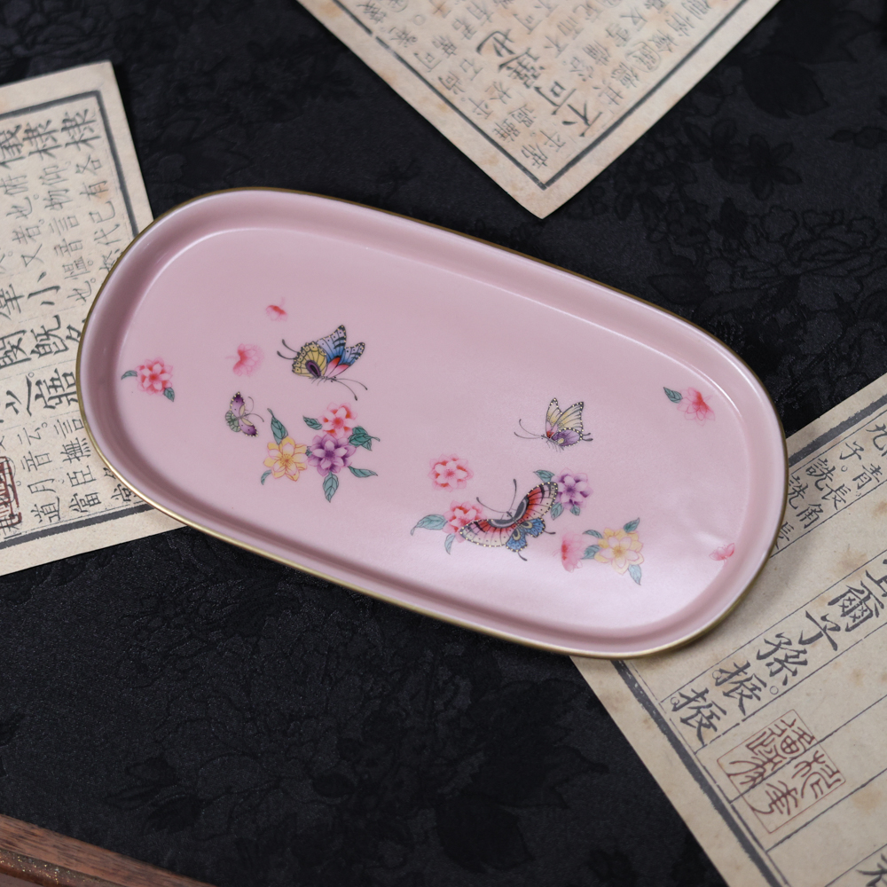 【悦生活】夕岚粉-华隐堂-蝴蝶桃花长方异形托尺寸19*10（华隐S1304）