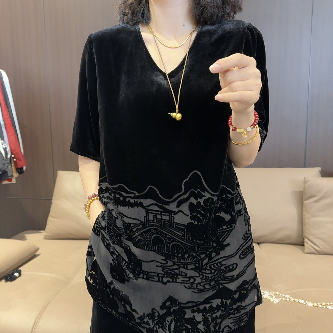 蚕丝丝绒山水画V领短袖款中长国风上衣