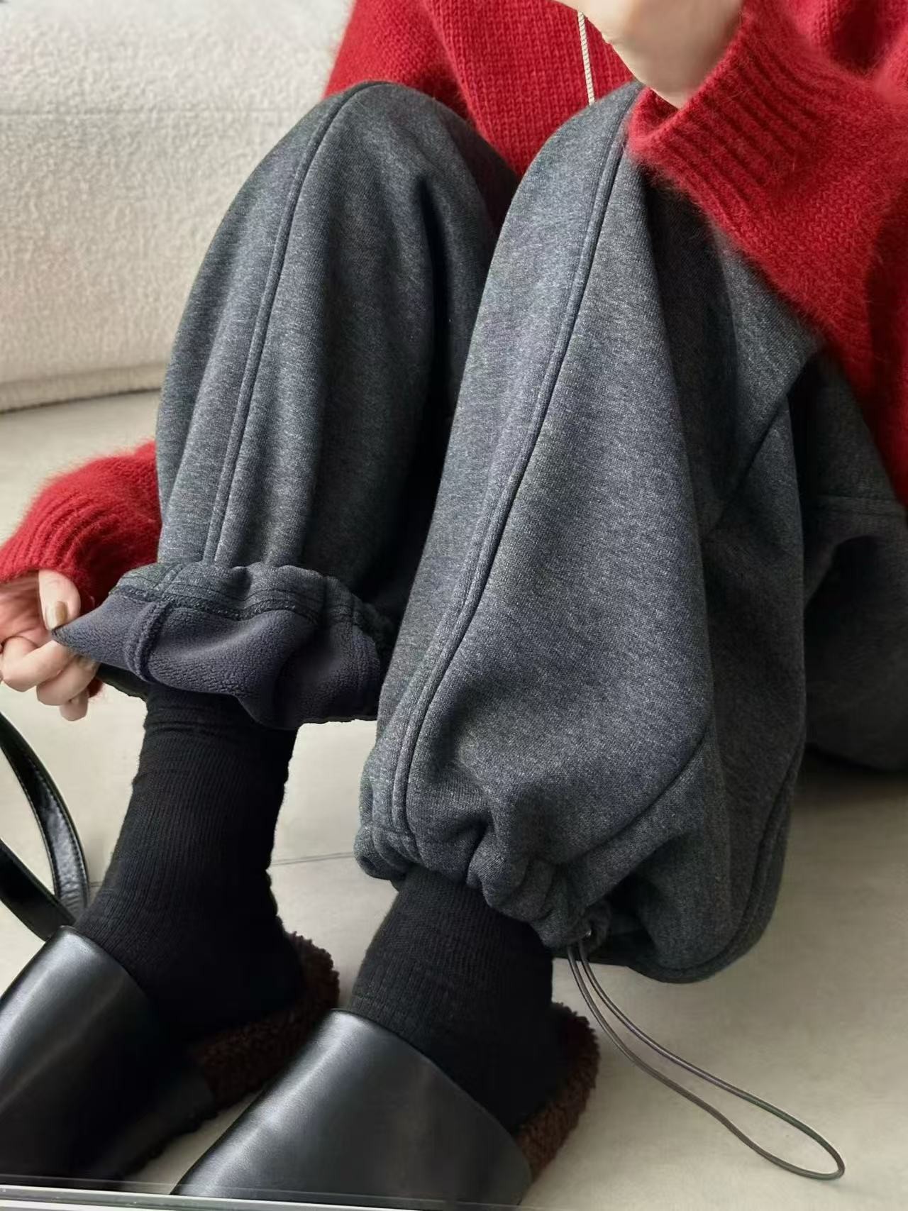 【薇薇家】冬季加厚摇粒绒休闲弯刀两穿束脚卫裤