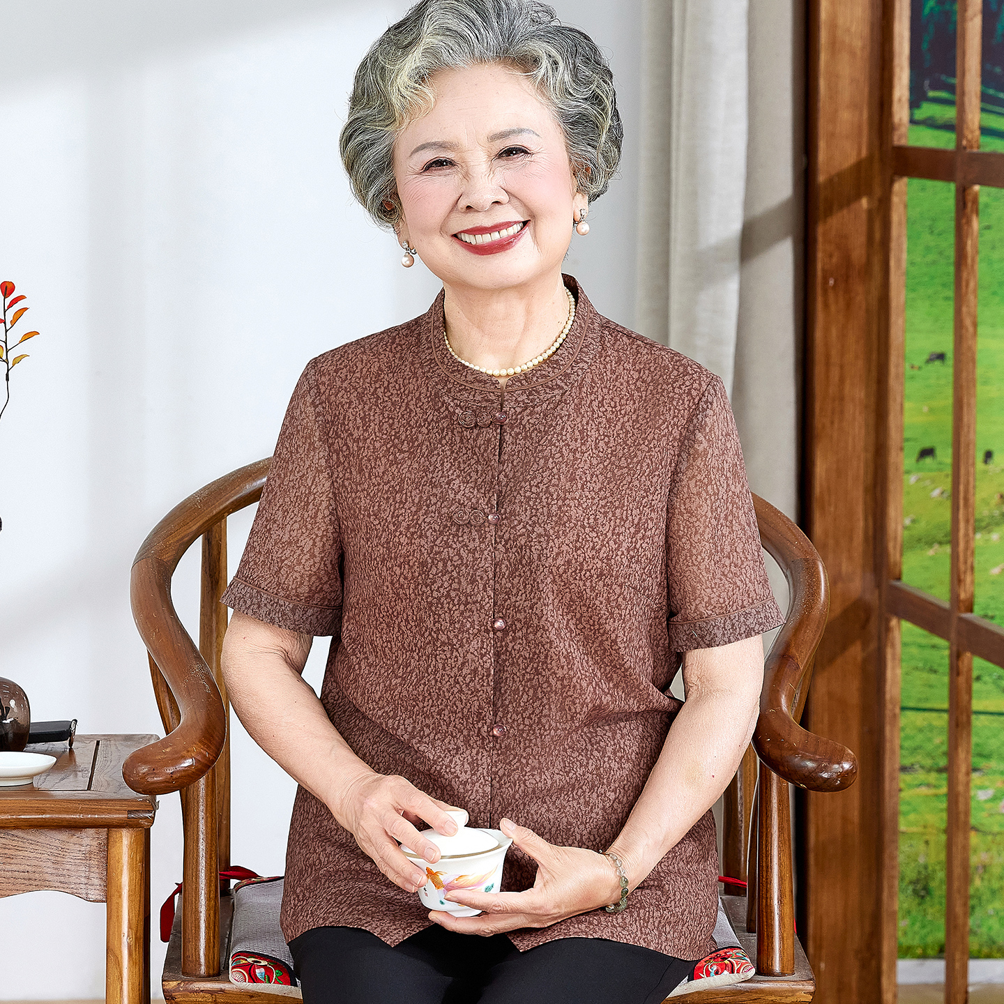 老年人夏装女短袖开衫奶奶夏季宽松新中式轻薄衬衣小衫妈妈装衣服