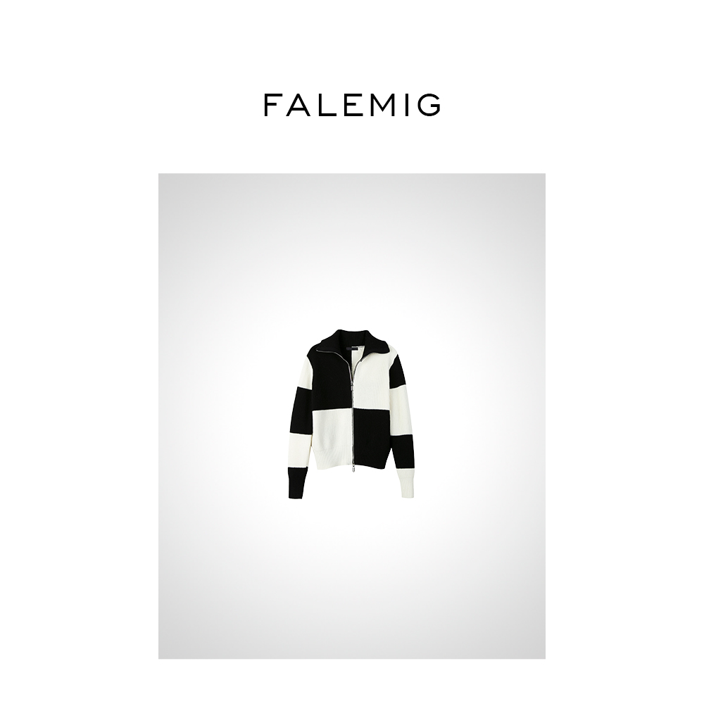 FALEMIG-时尚黑白格羊绒羊毛开衫针织短款秋冬百搭条纹羊毛衫毛衣