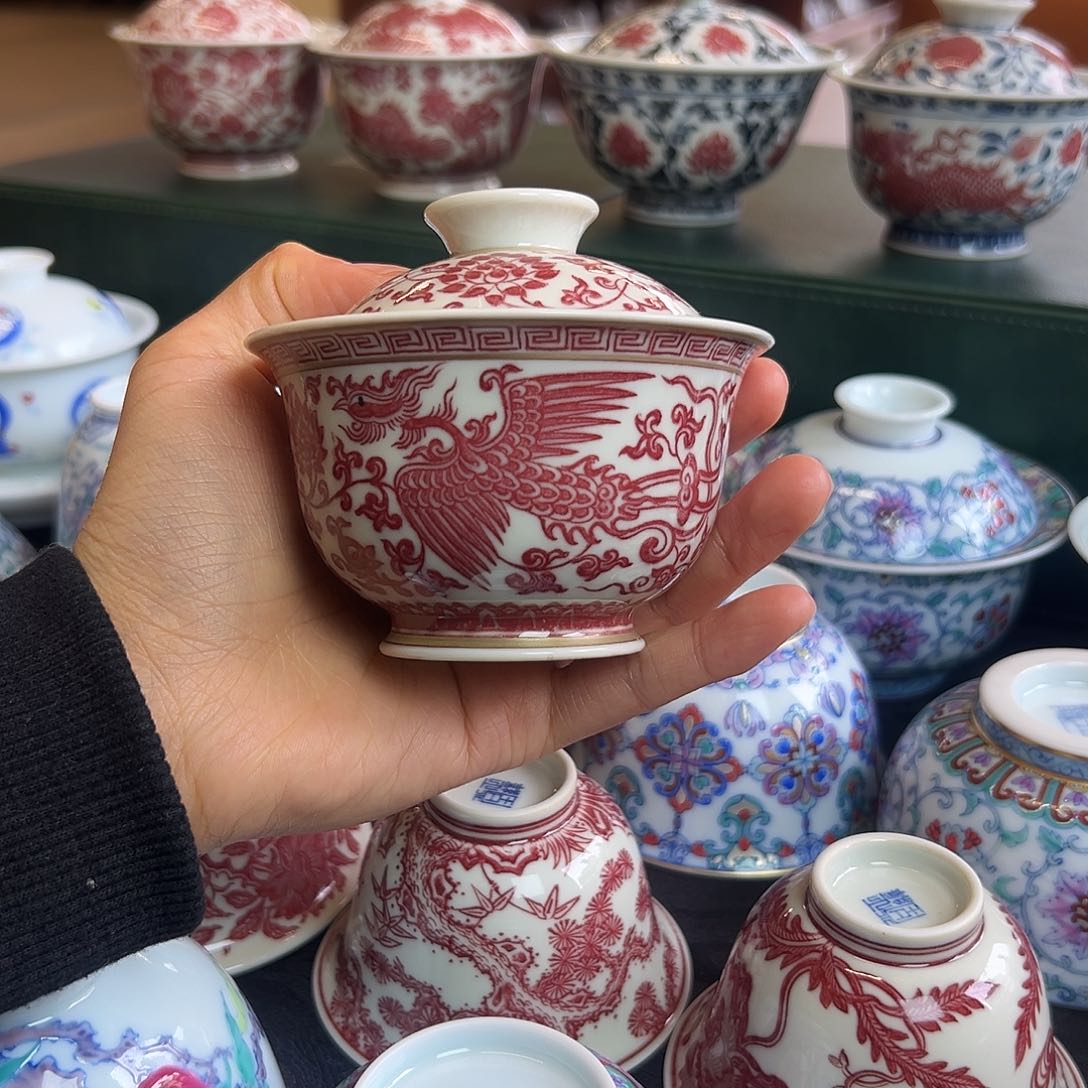 H正绎堂全红双凤盖碗