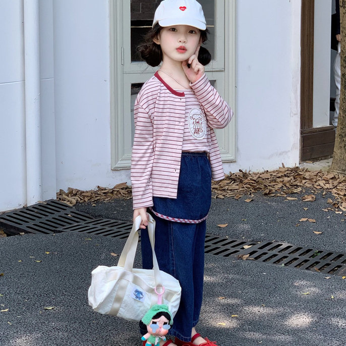 2025秋季新款 女童条纹卡通吊带背心+开衫两件套+围兜牛仔裤套装