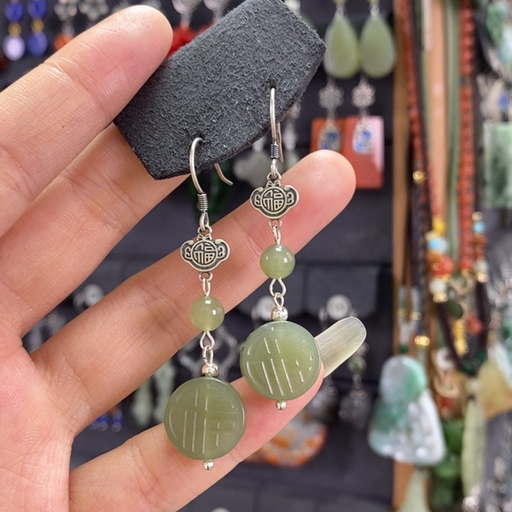 和田玉耳饰银S925镶嵌