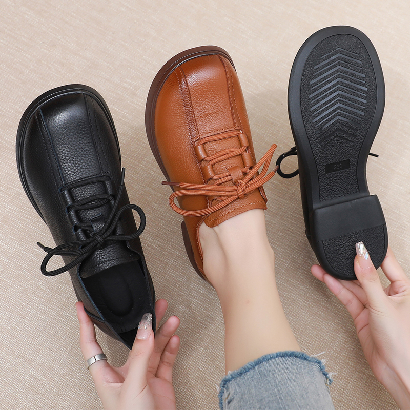 头层牛皮厚底妈妈鞋软面软底春秋女鞋单鞋系带休闲中年皮鞋旅游鞋
