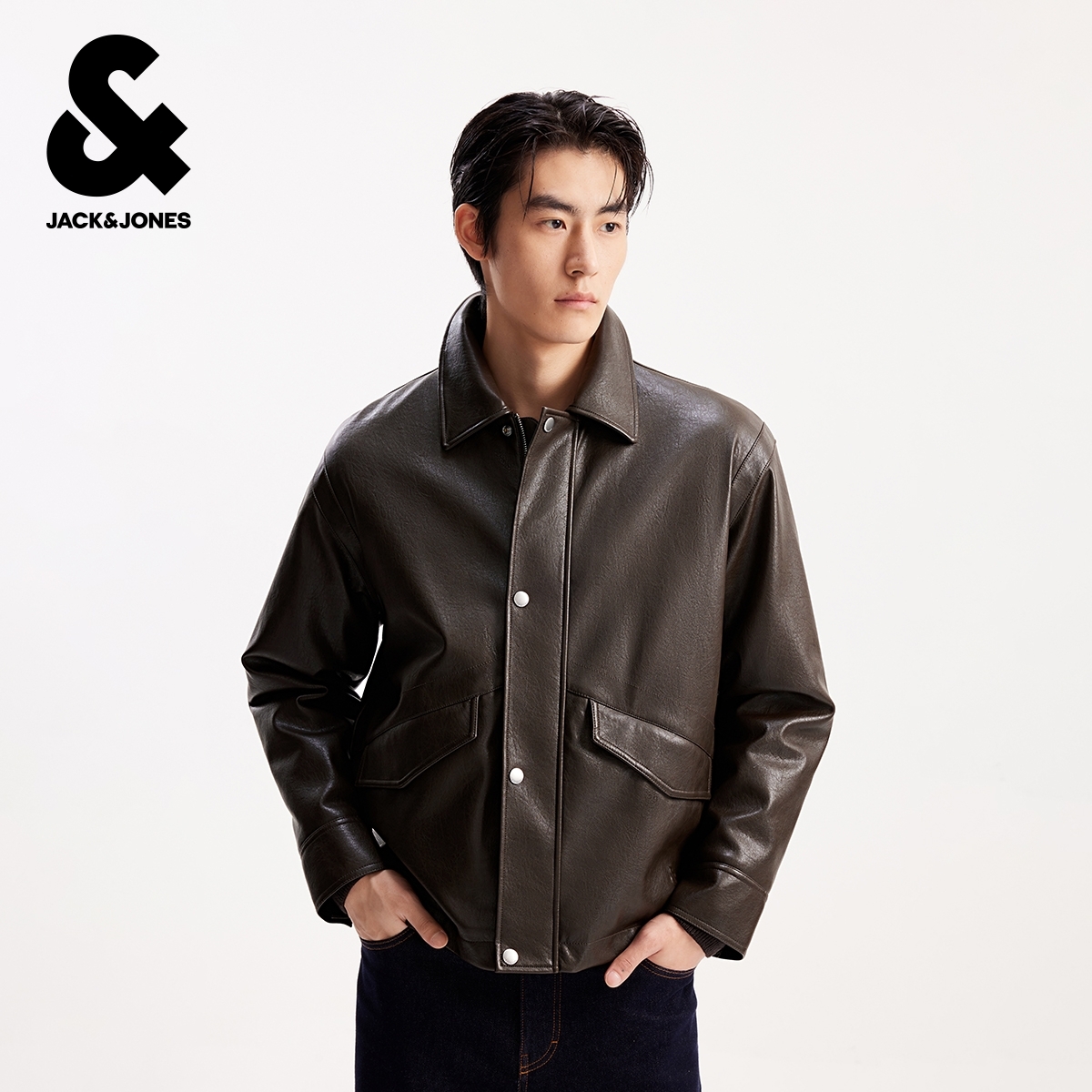 杰克琼斯男生秋季质感皮衣棉服2025年新款翻领舒适长袖百搭外套
