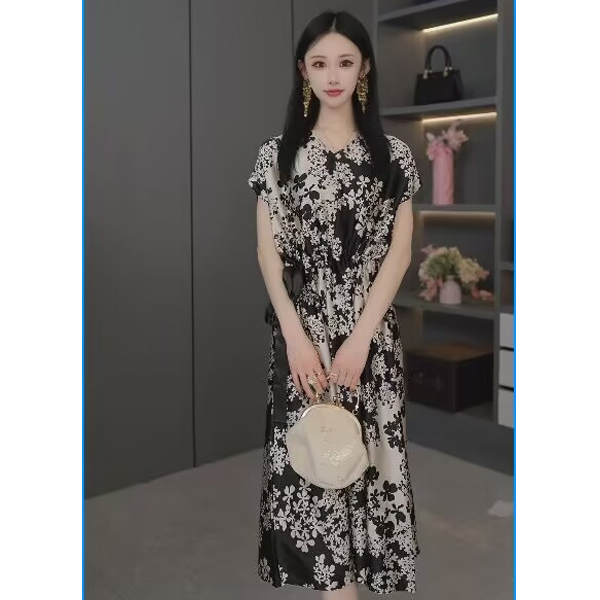 [东方韵味-墨香] 桑蚕丝连衣裙印花法式优雅气质真丝系带短袖长裙