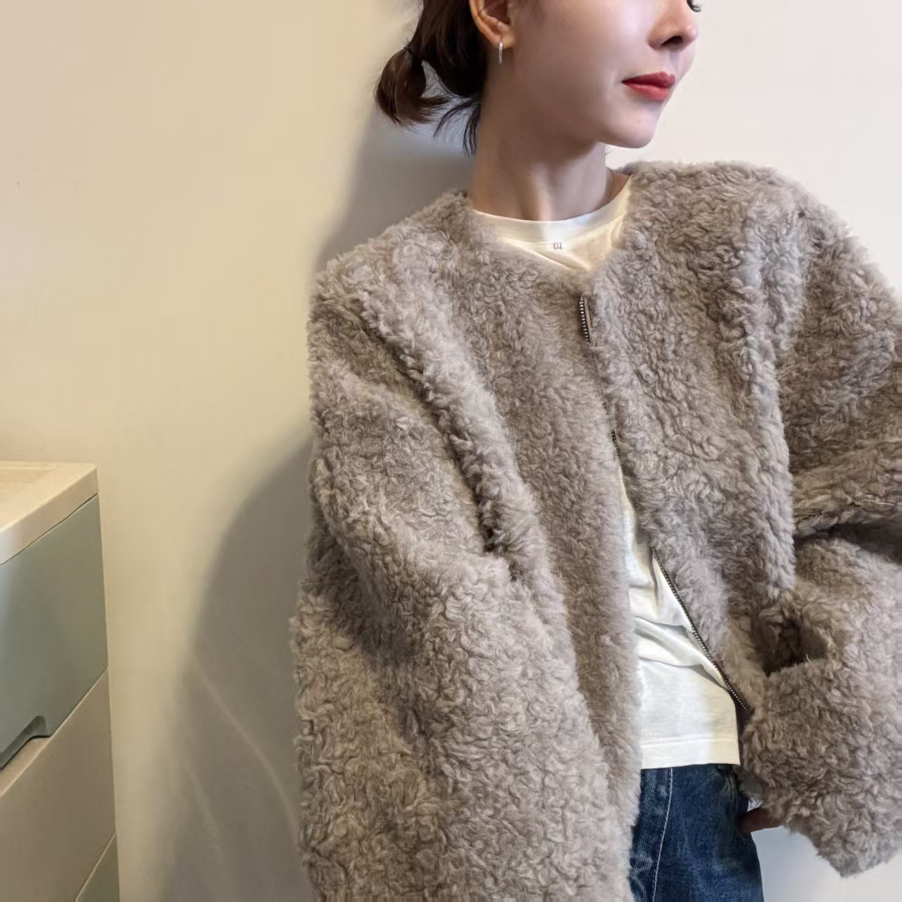 休闲纯色加厚秋冬短外套百搭极简风V领拉链圆领女