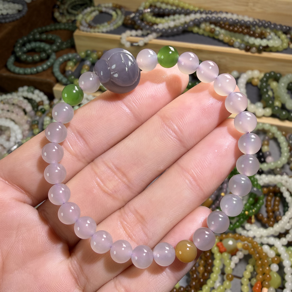 和田玉烟紫浅冰紫6mm单圈手串猫咪顶珠冰底料时尚精美女款紫色串