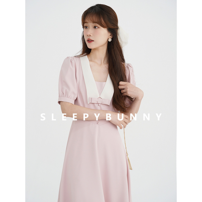 X瞌睡兔【清苍】复古粉色连衣裙夏季蝴蝶结中长裙少女公主裙20799