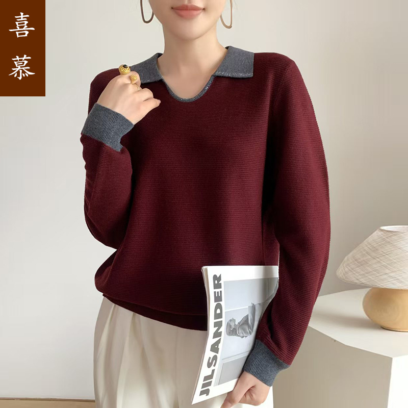 翻领长袖上衣针织衫女2025新款妈妈秋装洋气polo宽松毛衣打底小衫