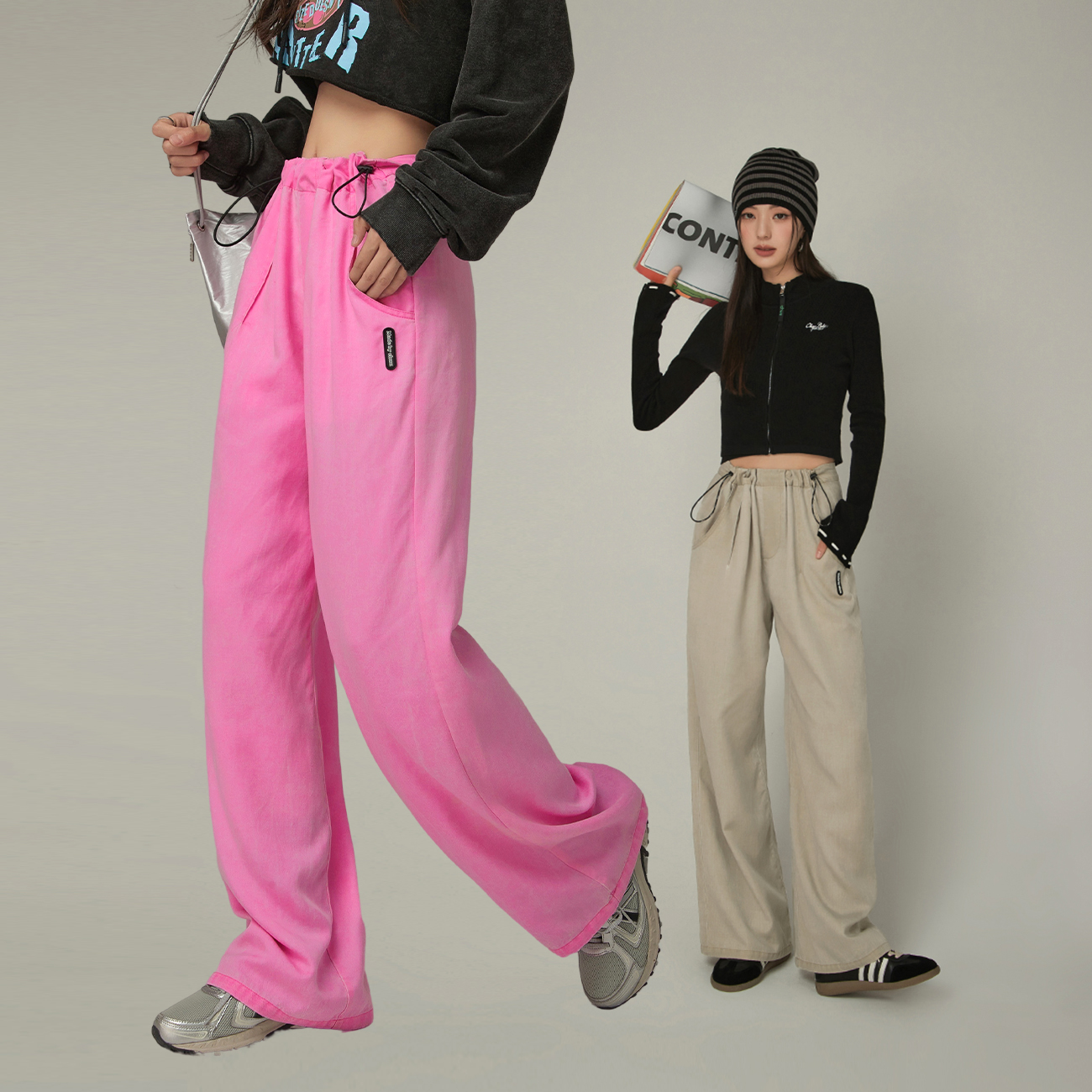 【陈嘉尔专属】CHUU松紧腰抽绳阔腿垂感显瘦直筒百搭个性休闲裤-Q