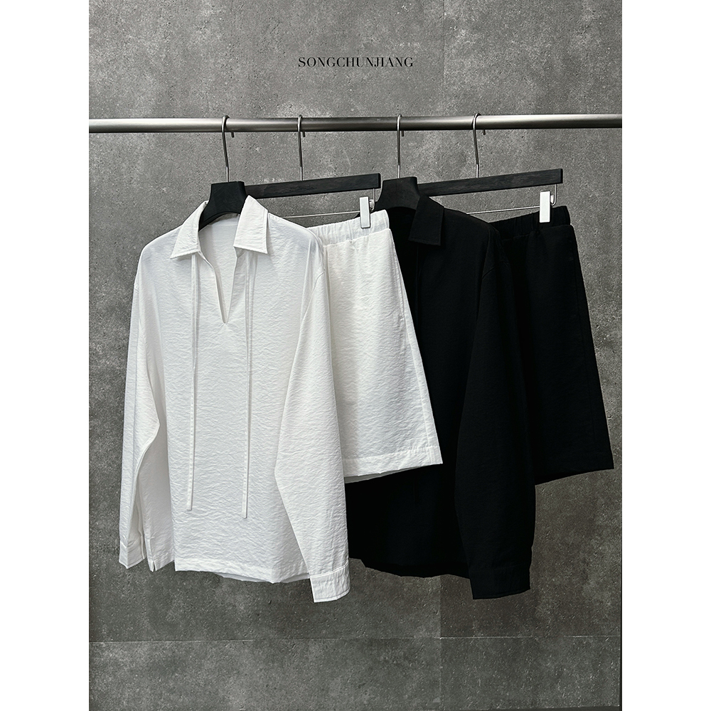 宋春江同款 夏天竹节肌理感透气老钱套装宽松上衣百搭氛围感短裤