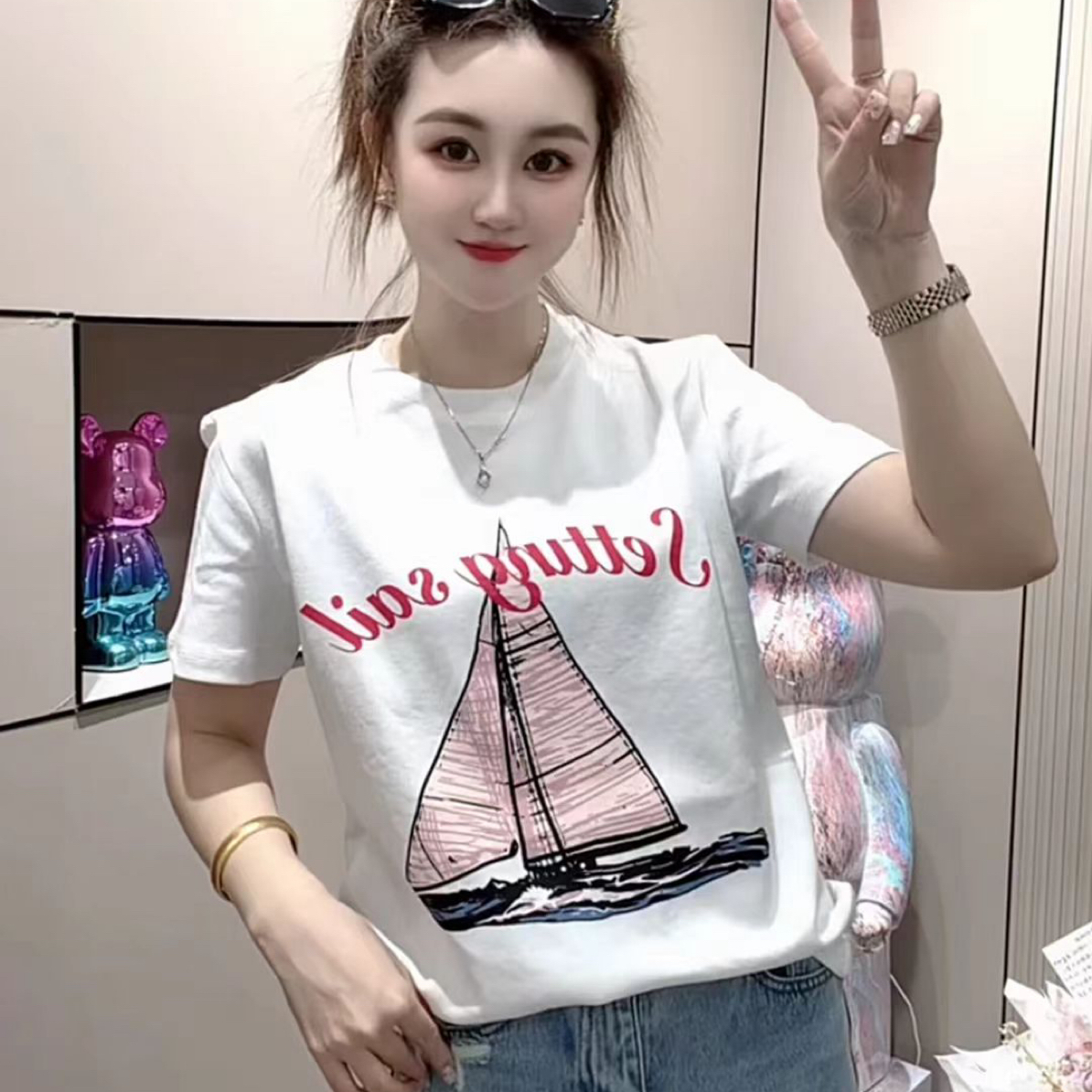 韩版ins风帆船印花加厚短袖T恤女大码秋冬休闲百搭洋气设计感上衣