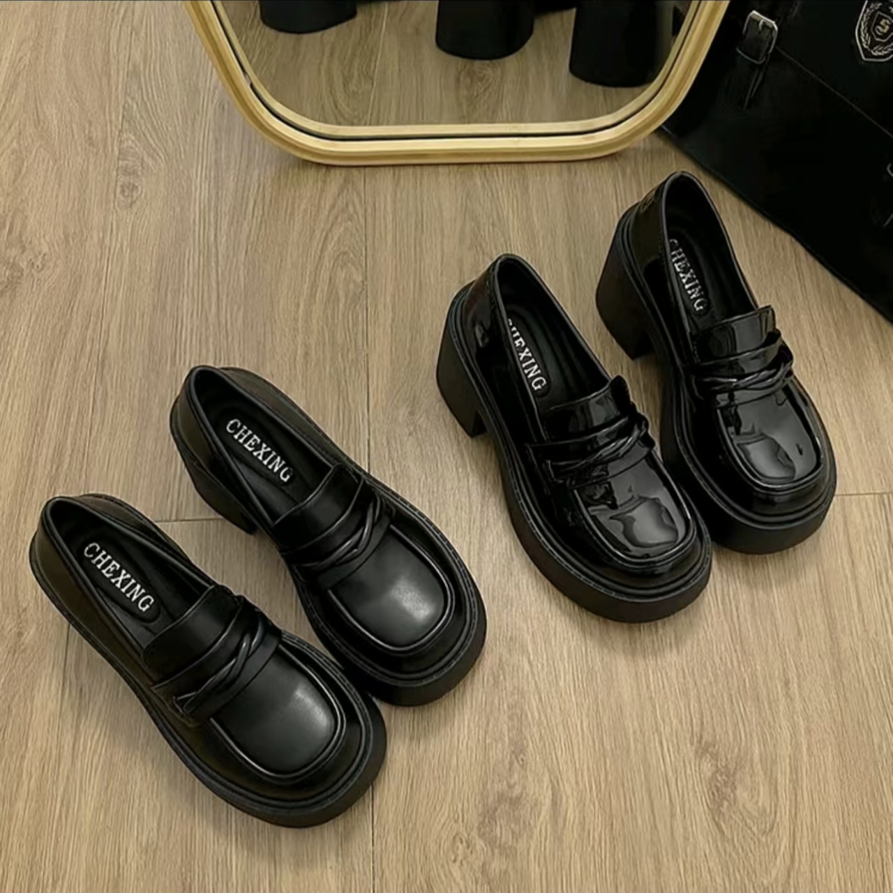 【退货补运费】7CM早秋新款厚底增高麻花乐福小皮鞋粗跟时尚圆头