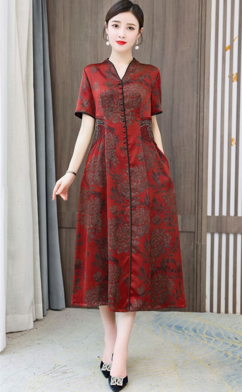 2025年新款仿香云纱真丝桑蚕丝中长款妈妈婆婆印花连衣裙