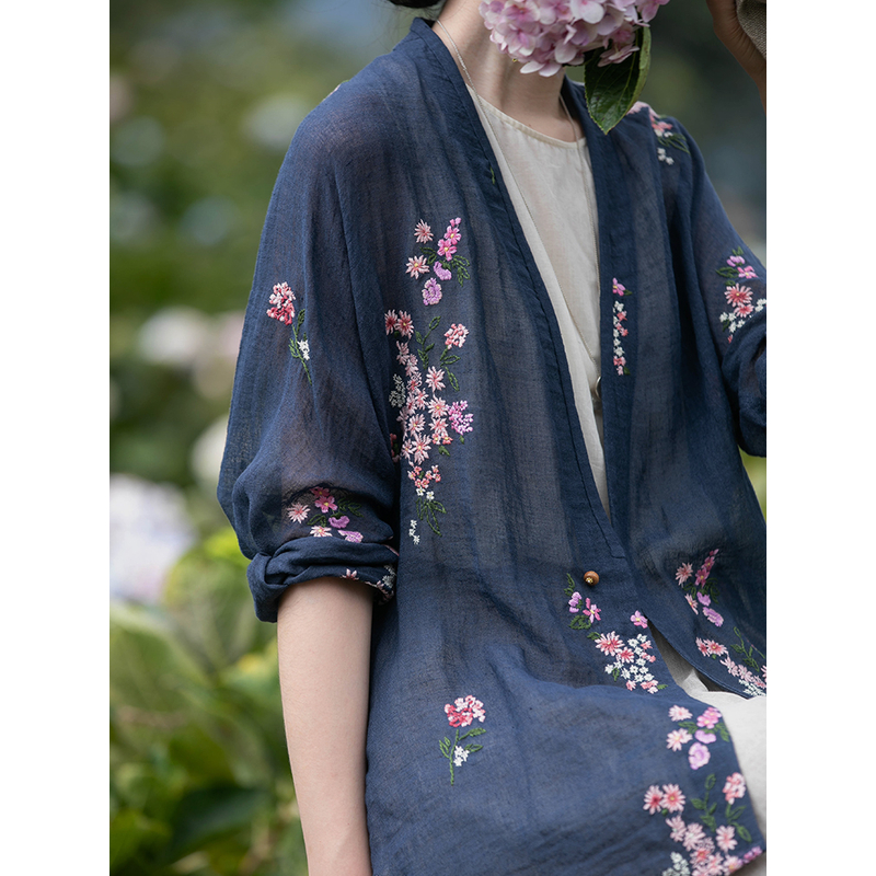 牧衣原创 匹绣进口亚麻混纺外套新款复古文艺轻薄开衫 苍云