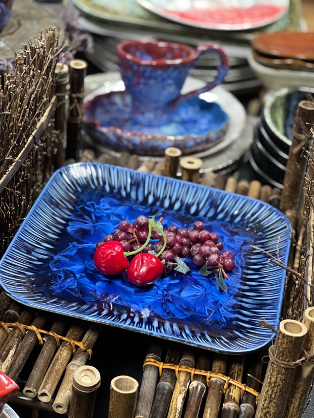 复古釉下彩结晶蓝方盘牛排盘西餐盘十英寸