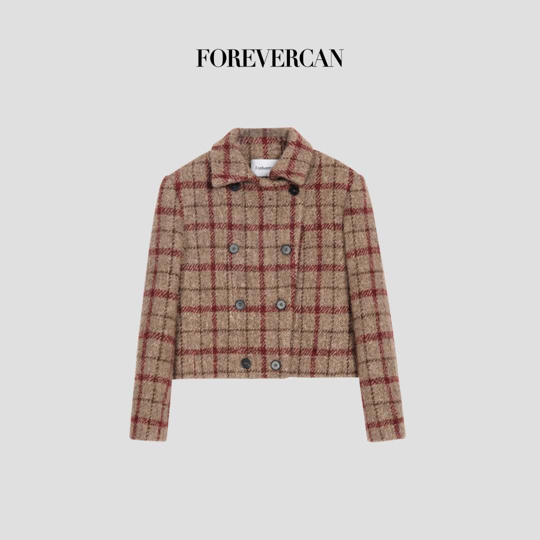 FOREVERCAN“孚日广场”美丽诺羊毛呢复古格纹短款外套SC22734