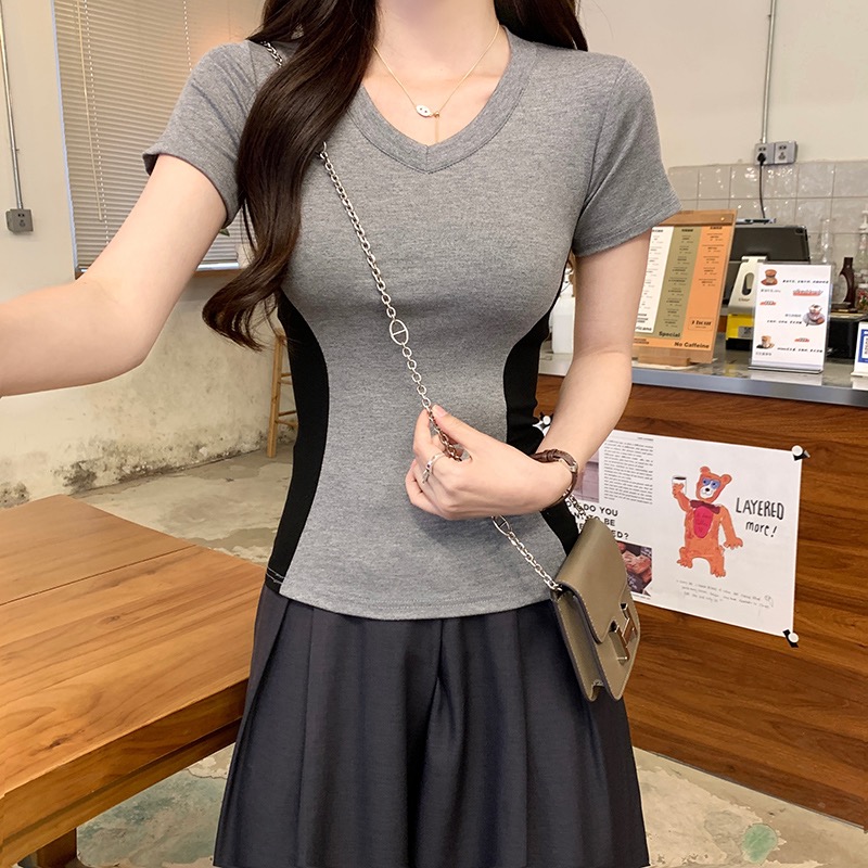 2025夏季新款短袖t恤女夏2025新款拼色短款修身圆领百搭韩版上衣