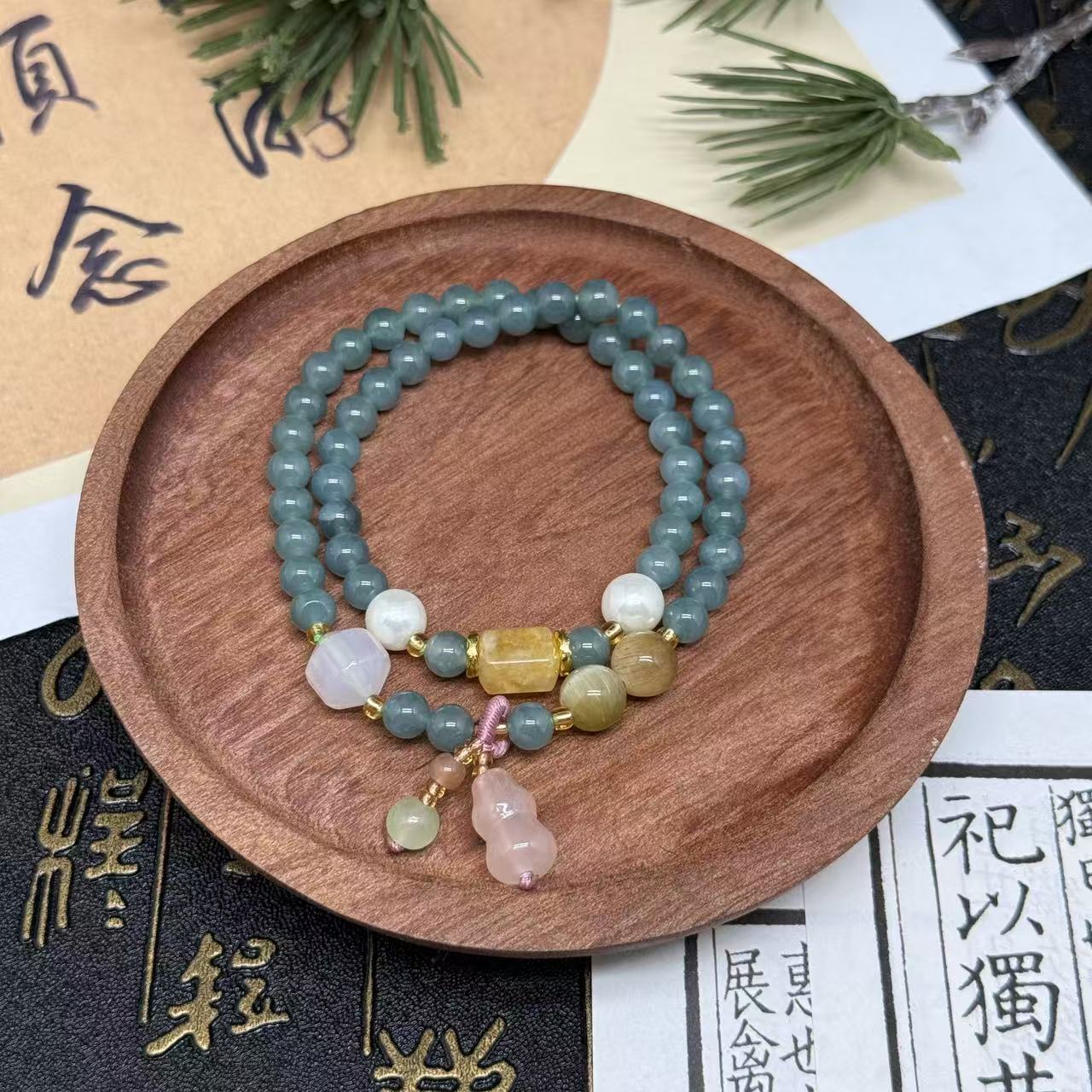 天然翡翠冰种蓝水湖水绿配葫芦吊坠双圈手串 多样性发一FC60890