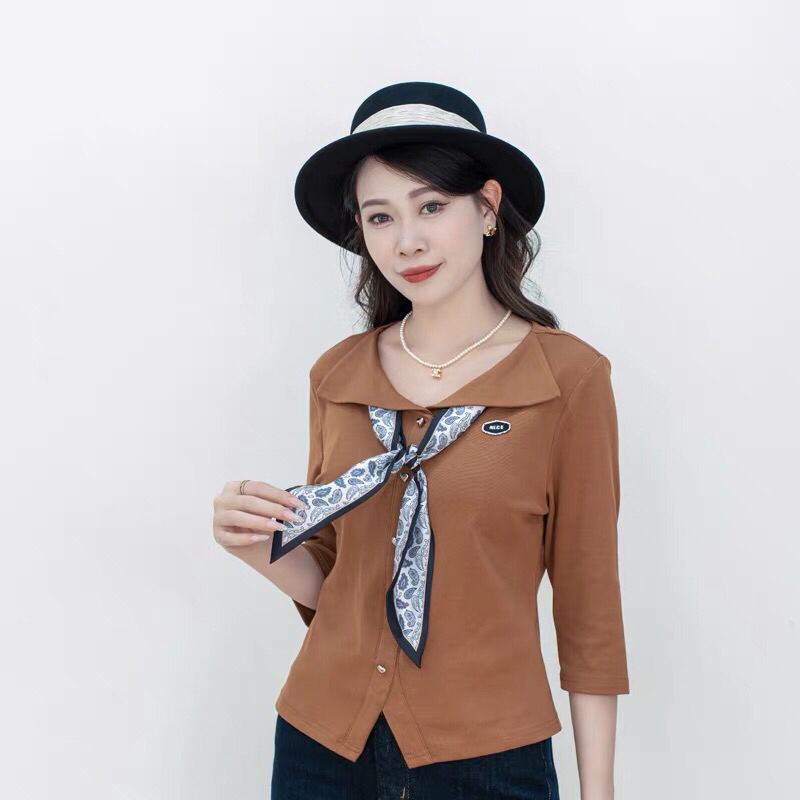 t恤女欧洲站早秋2025年新款纯棉打底衫设计感领结减龄七分袖上衣