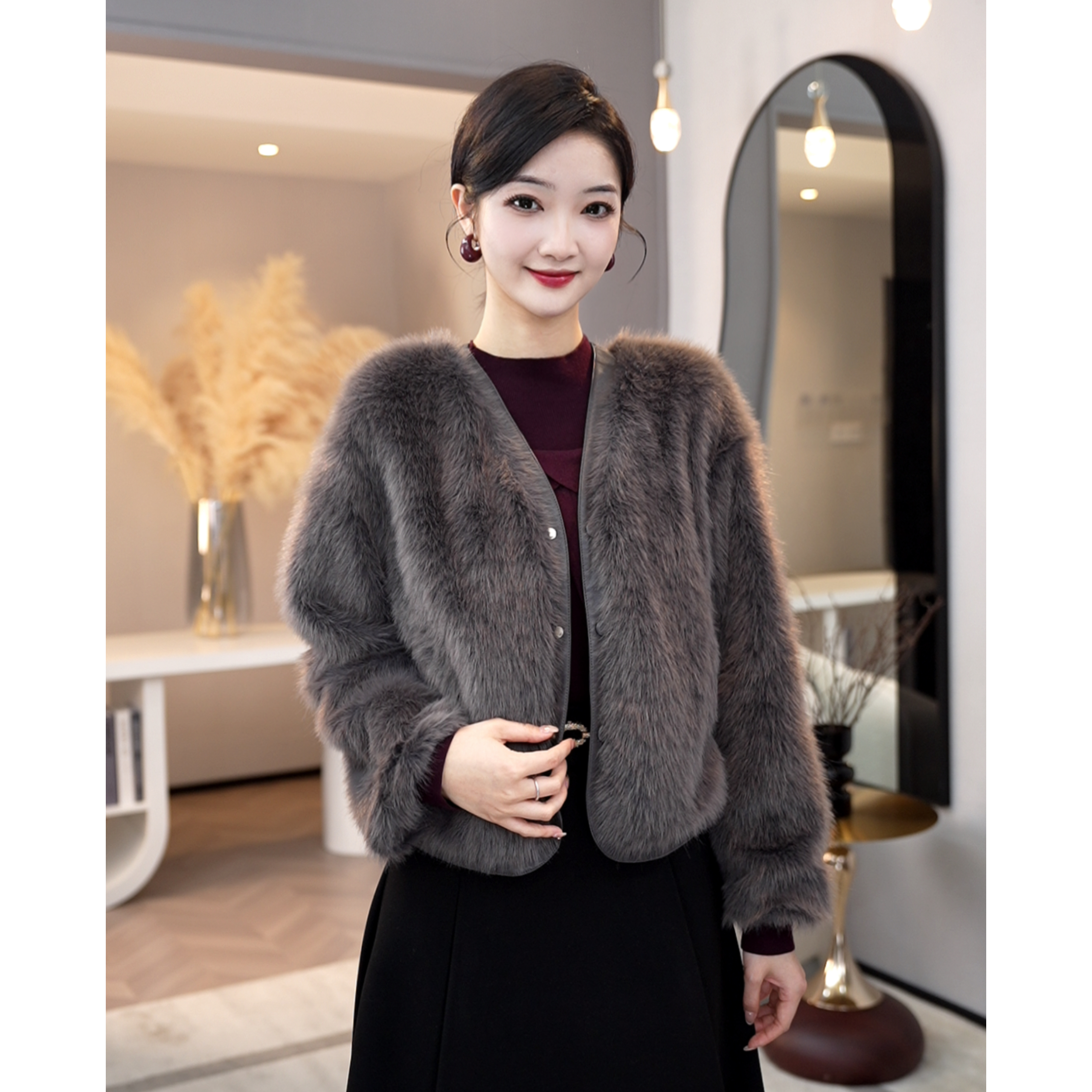2026年冬季新款【8576】气质轻奢复古黛灰色环保毛保暖毛毛外套女