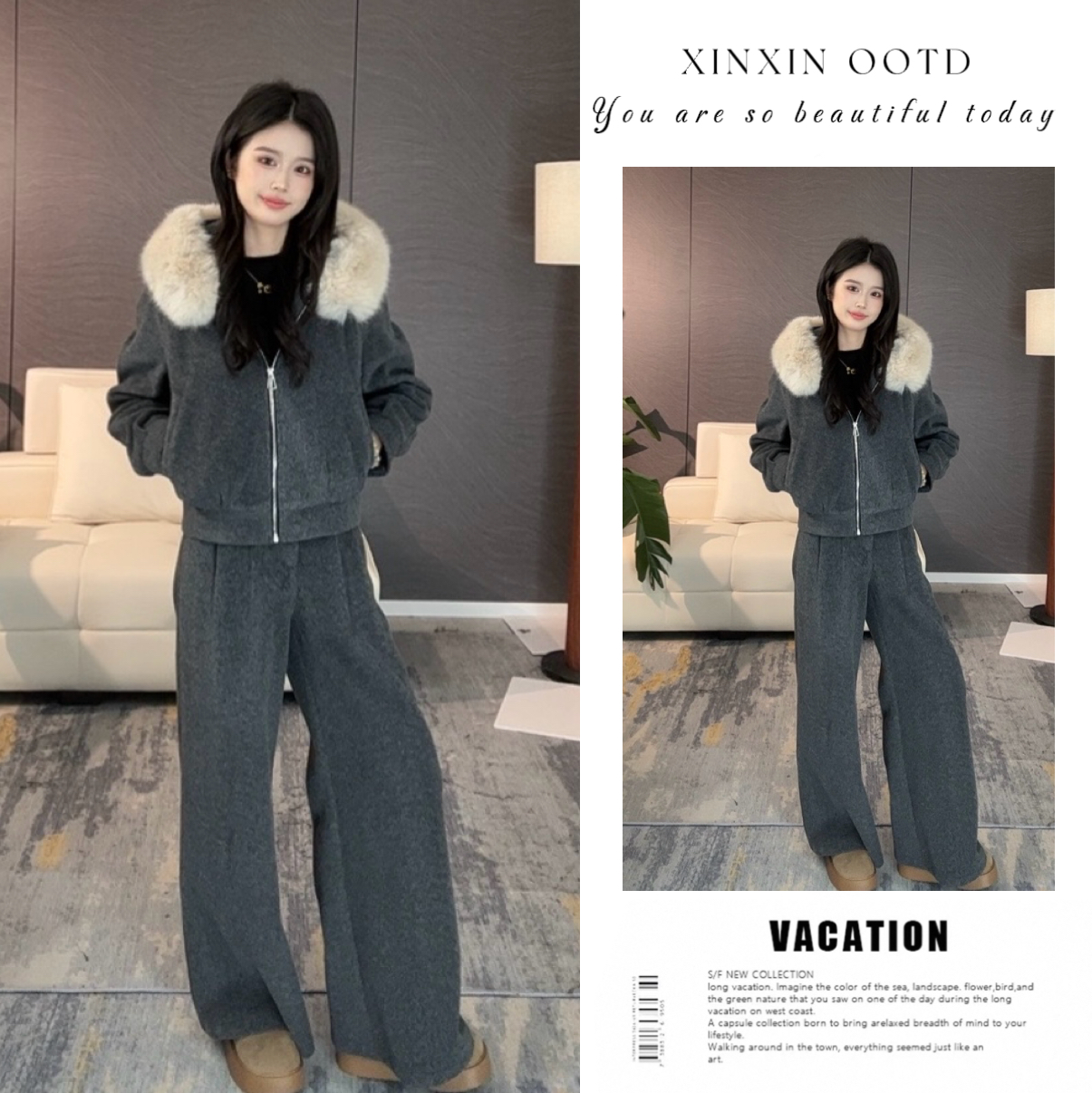 【上衣+裤子+毛领】冬季新款减龄时尚休闲风宽松冬款女装套装